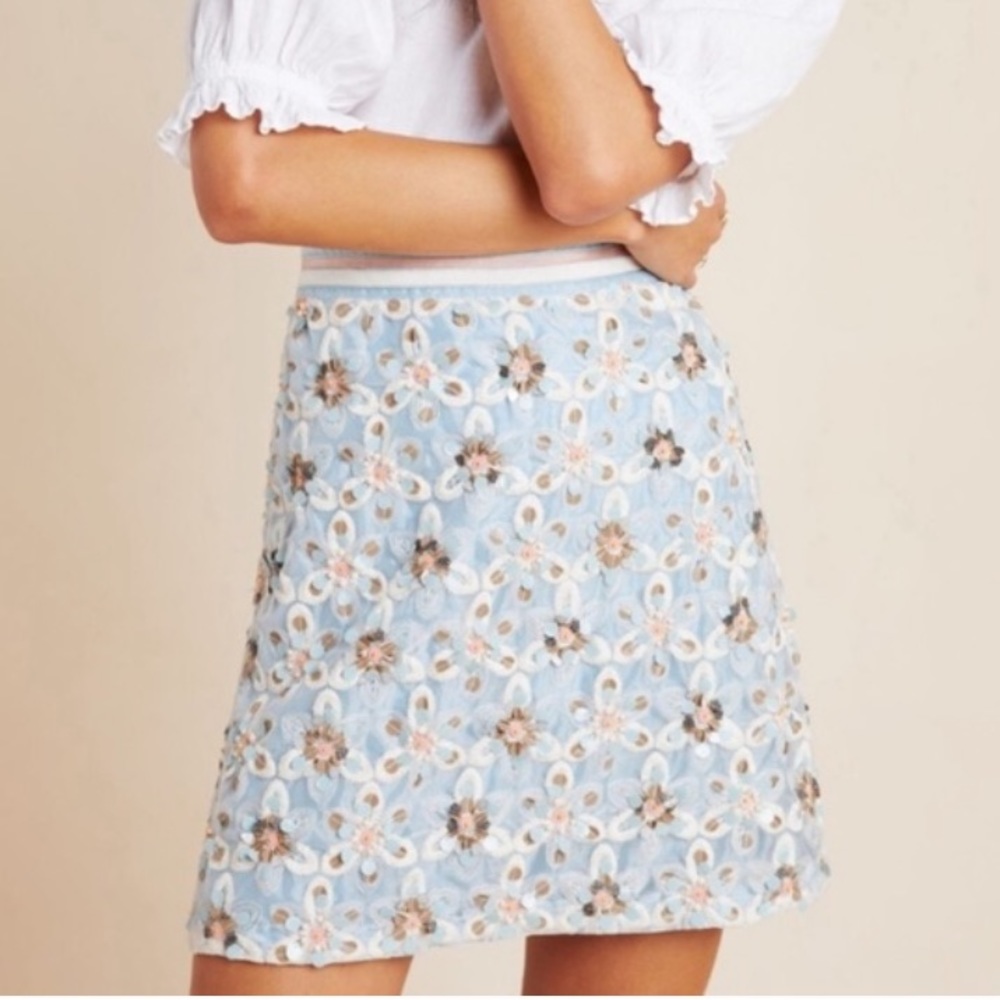 Anthropologie Maeve Persephone Beaded Mini Skirt Blue and White Sz 10